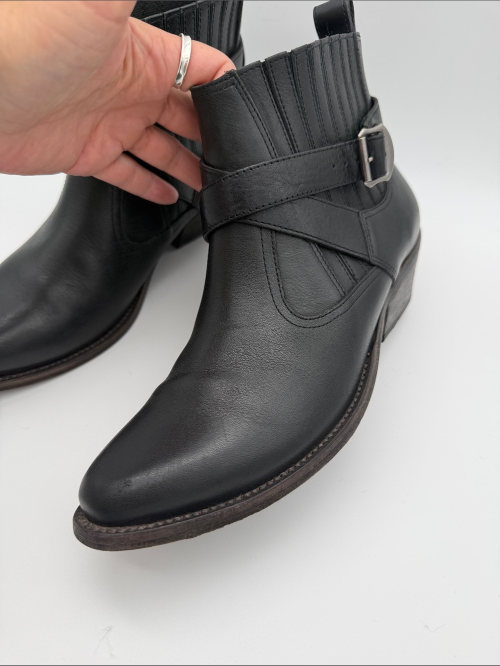 All Saints Western Style Ankle Booties Black Leather Boots Belt Sz 8 Pointed Toe - Picture 11 of 16